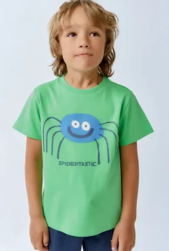 Bawełniany t-shirt dla chłopca - zielony z nadrukiem pająka