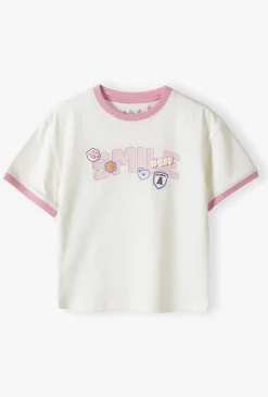 Bawełniany t-shirt dla dziewczynki - biały z napisem SMILE