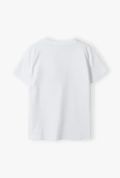 Biały bawełniany t-shirt chłopięcy z małym nadrukiem