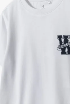 Biały bawełniany t-shirt chłopięcy z małym nadrukiem