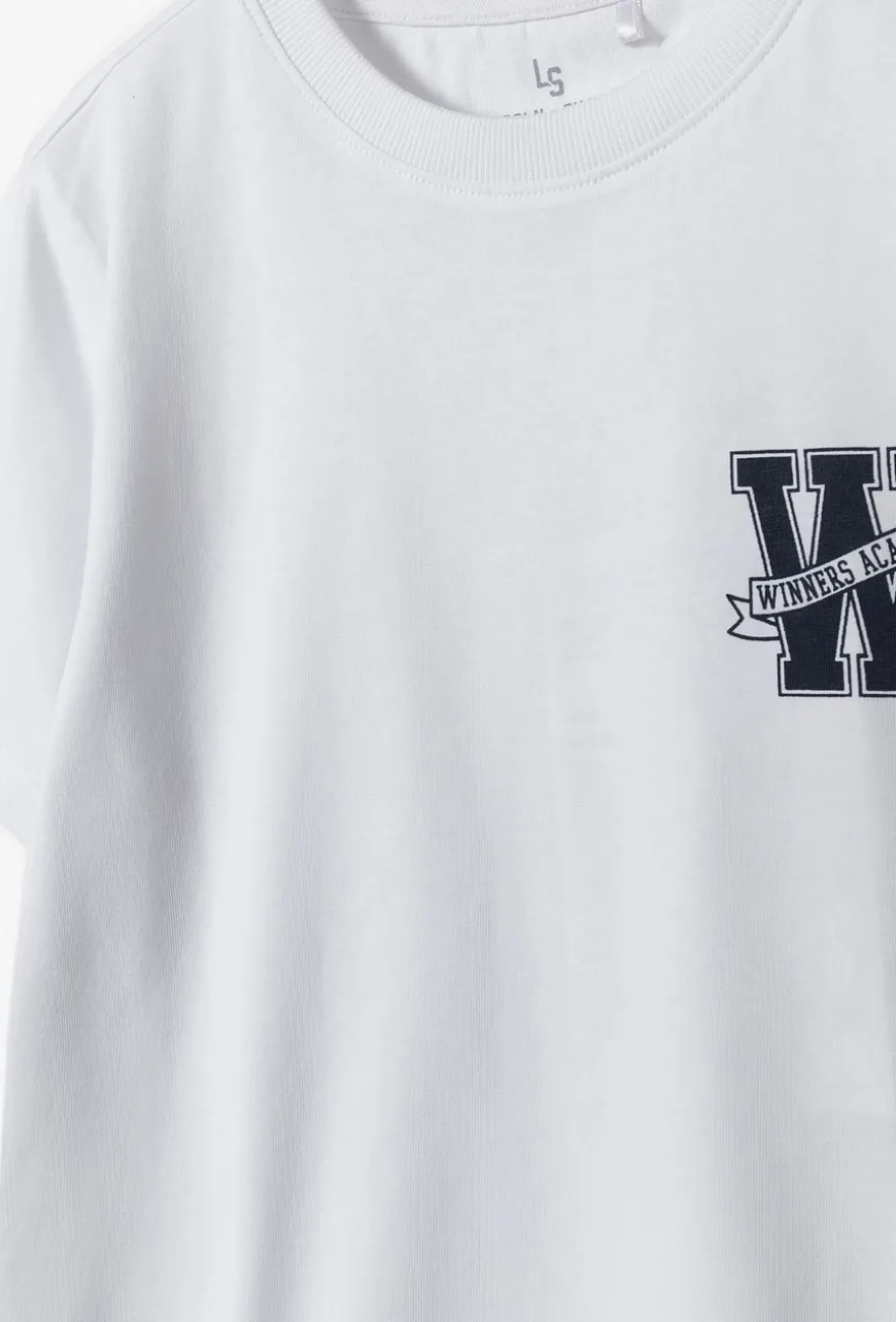 Biały bawełniany t-shirt chłopięcy z małym nadrukiem