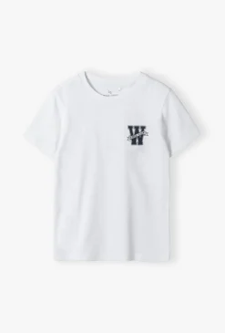 Biały bawełniany t-shirt chłopięcy z małym nadrukiem