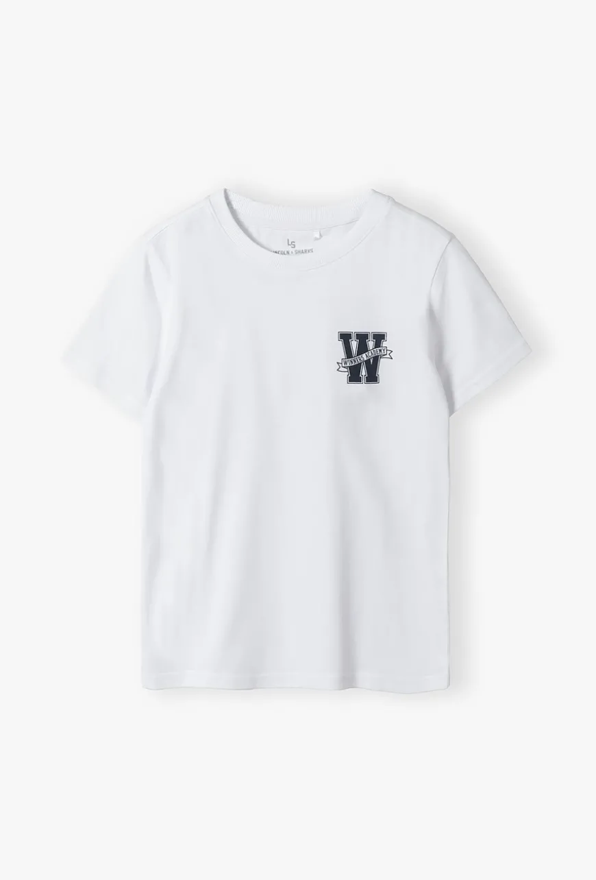 Biały bawełniany t-shirt chłopięcy z małym nadrukiem