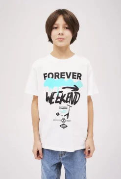 Biały bawełniany t-shirt chłopięcy z nadrukiem