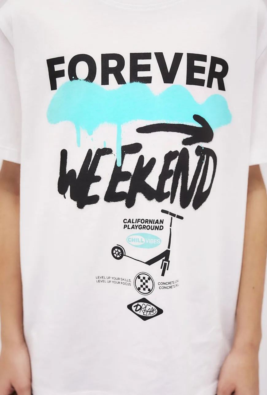 Biały bawełniany t-shirt chłopięcy z nadrukiem