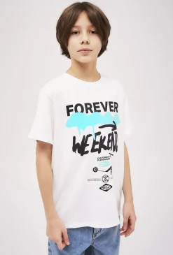 Biały bawełniany t-shirt chłopięcy z nadrukiem