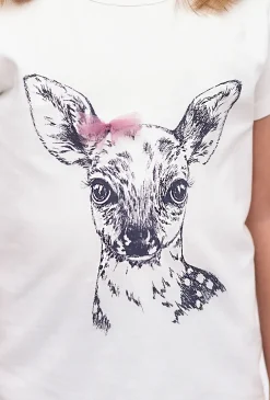 Biały bawełniany t-shirt dziewczęcy z sarenką - 5.10.15.