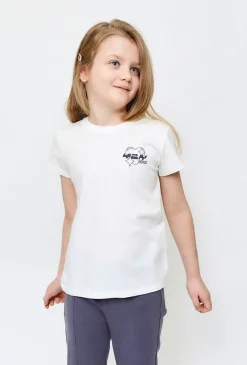Biały bawełniany t-shirt dziewczęcy z małym nadrukiem