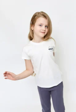 Biały bawełniany t-shirt dziewczęcy z małym nadrukiem
