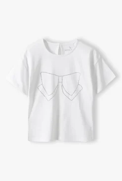 Biały elegancki t-shirt dziewczęcy z ozdobną kokardą