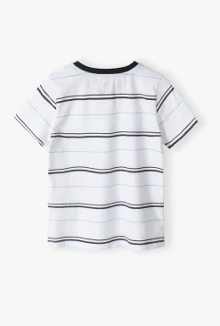 Biały t-shirt chłopięcy w granatowe paski - Max&Mia