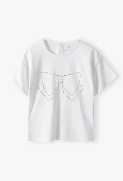 Biały t-shirt dziewczęcy z ozdobną kokardą - Max&Mia