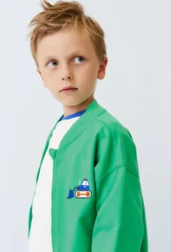 Bluza dziecięca zielona rozpinana na stójce z haftem.