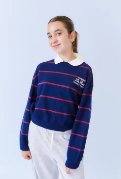 Bluza dziewczęca w paski z kołnierzykiem i haftem