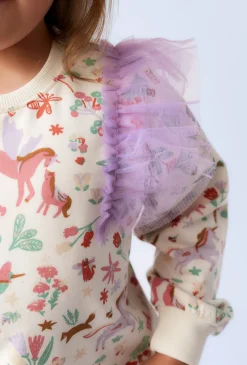 Bluza dziewczęca z nadrukiem jednorożców i tiulowymi falbankami