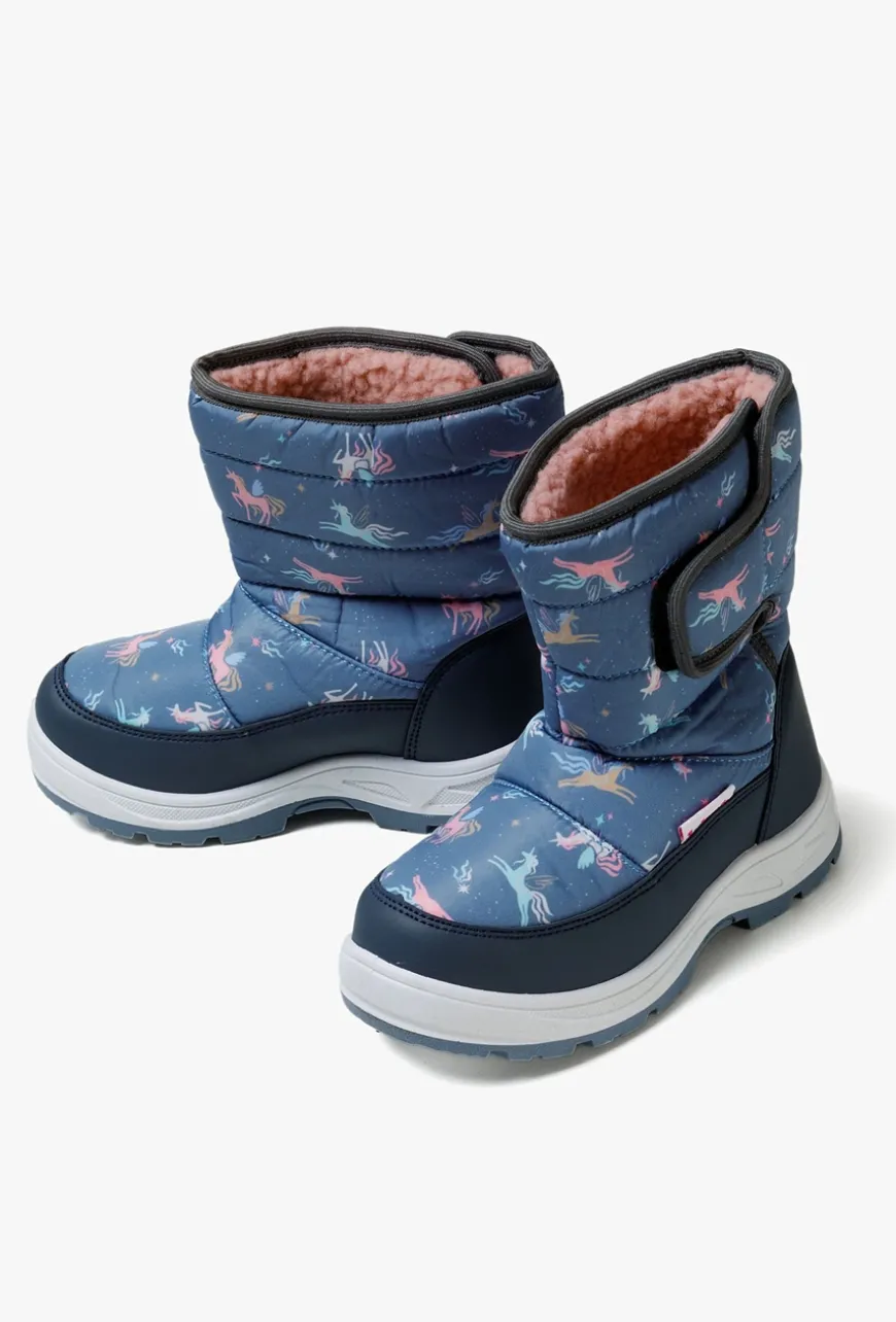Buty zimowe- śniegowce dla dziewczynki - niebieskie w jednorożce