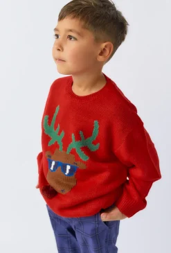 Chłopięcy sweter świąteczny z reniferem – czerwony