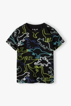 Czarny t-shirt z neonowymi nadrukami dinozaurów
