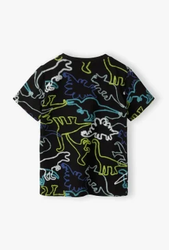 Czarny t-shirt z neonowymi nadrukami dinozaurów