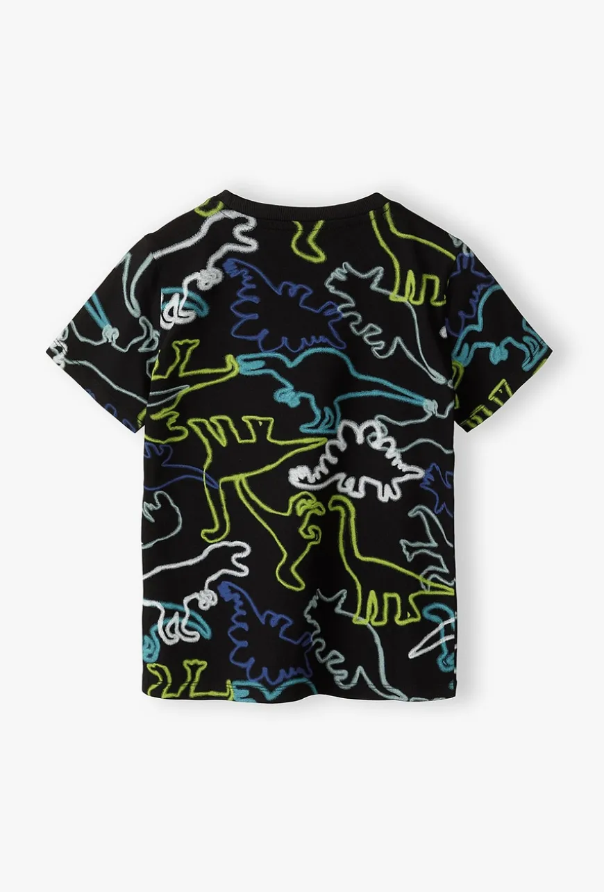 Czarny t-shirt z neonowymi nadrukami dinozaurów