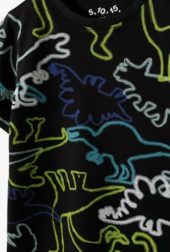 Czarny t-shirt z neonowymi nadrukami dinozaurów