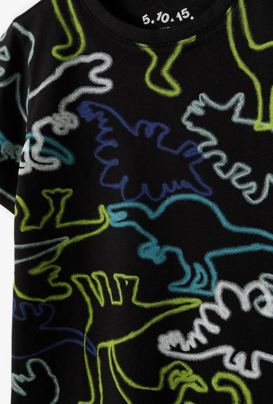 Czarny t-shirt z neonowymi nadrukami dinozaurów