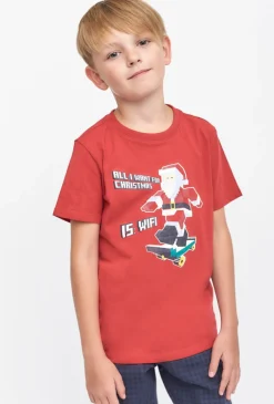 Czerwony t-shirt chłopięcy z Mikołajem