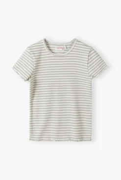 Dzianiniowy biało-szary t-shirt dziewczęcy w prążki