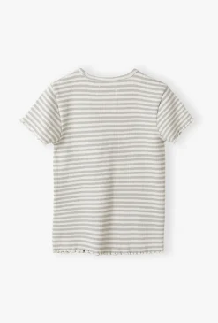 Dzianiniowy biało-szary t-shirt dziewczęcy w prążki
