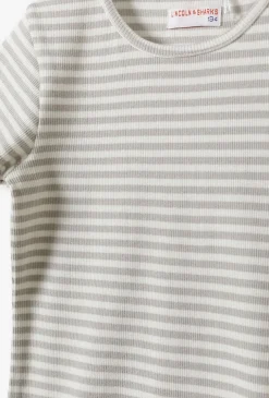Dzianiniowy biało-szary t-shirt dziewczęcy w prążki
