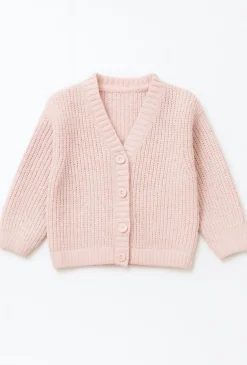 Dzianinowy dziewczęcy sweter rozpinany w kolorze pudrowo różowym