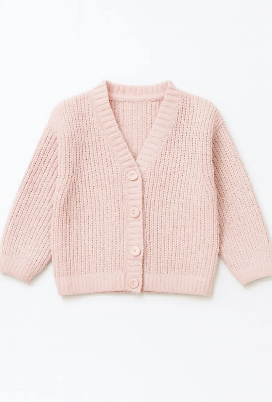 Dzianinowy dziewczęcy sweter rozpinany w kolorze pudrowo różowym