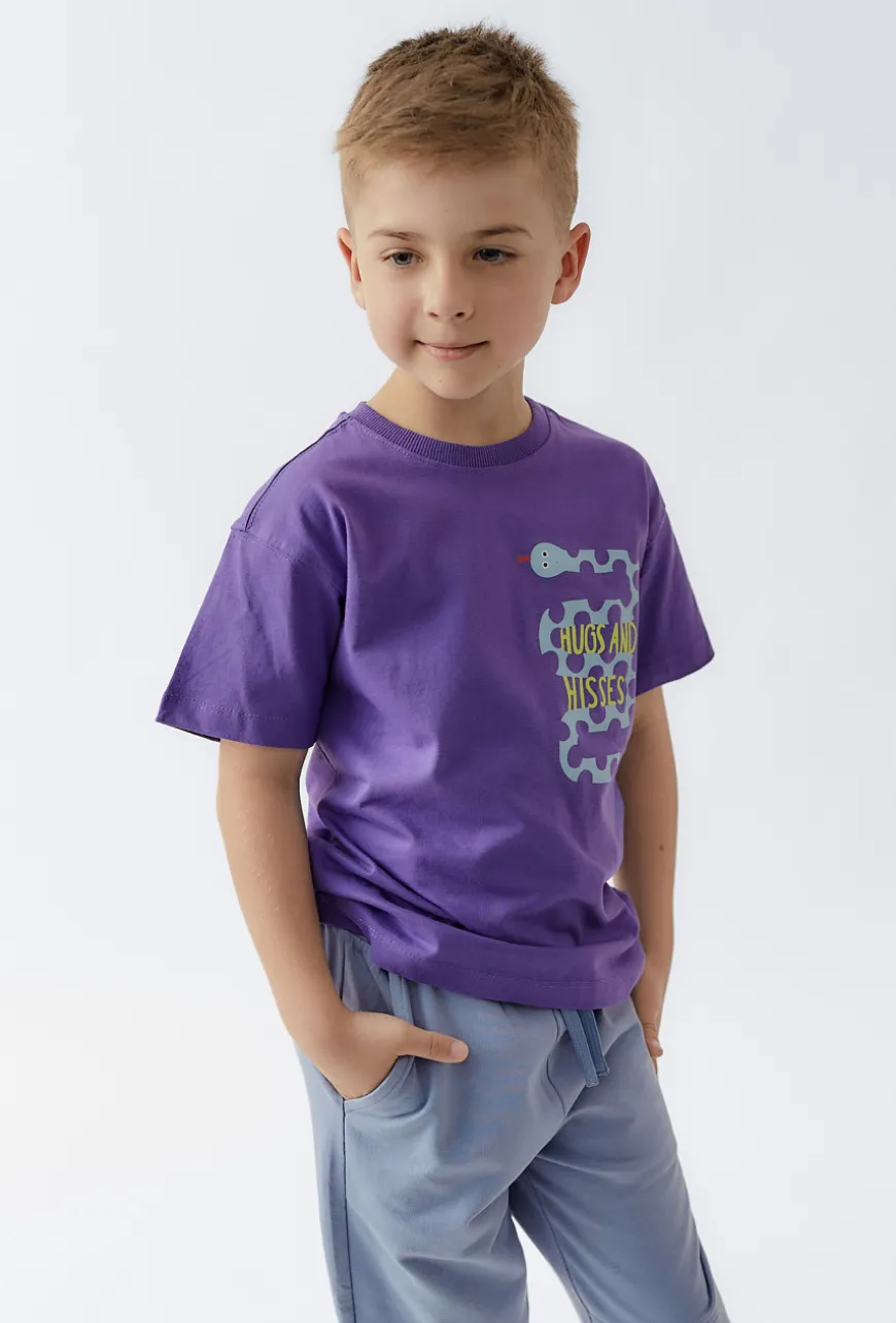 Dzianinowy t-shirt chłopięcy z nadrukiem