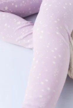 Dziewczęce legginsy z bawełny – liliowe z nadrukiem