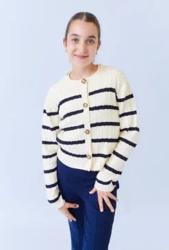 Dziewczęcy sweter kardigan w paski ecru – 100% bawełna