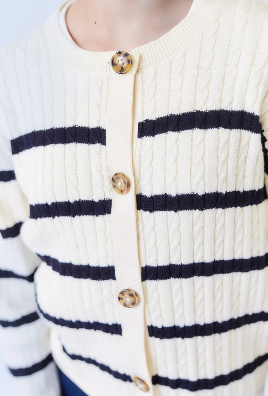 Dziewczęcy sweter kardigan w paski ecru – 100% bawełna