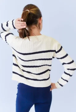 Dziewczęcy sweter kardigan w paski ecru – 100% bawełna