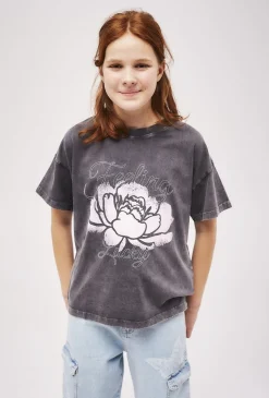 Dziewczęcy T-shirt oversize z nadrukiem - szary