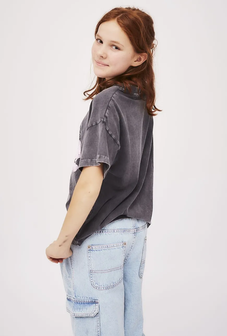 Dziewczęcy T-shirt oversize z nadrukiem - szary