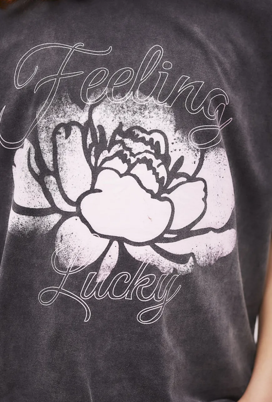 Dziewczęcy T-shirt oversize z nadrukiem - szary
