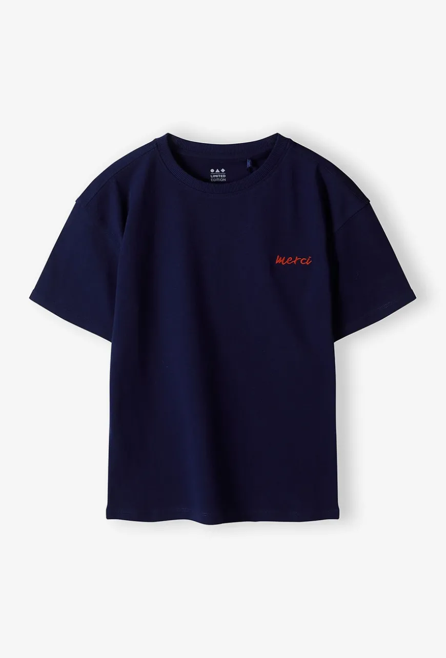 Granatowy t-shirt z napisem merci - Limited Edition