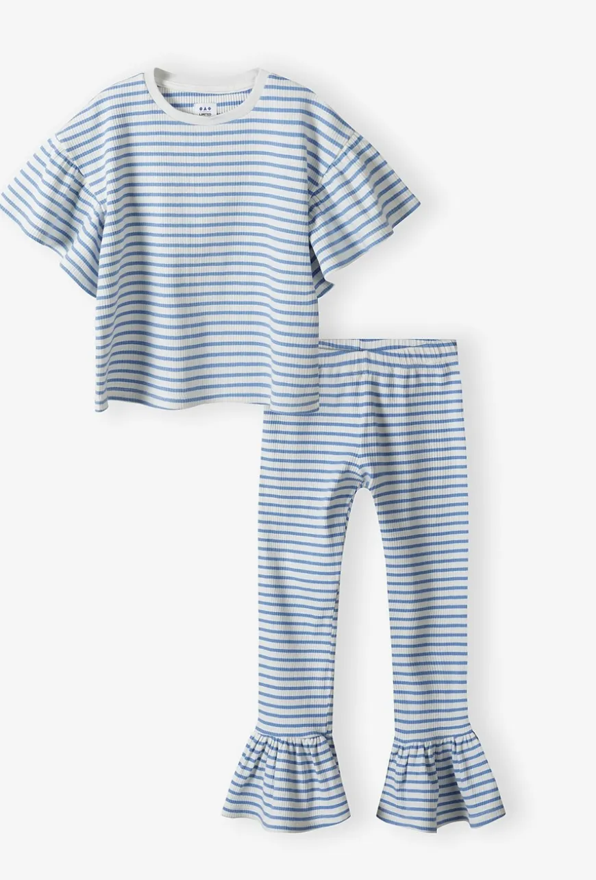 Komplet dziewczęcy – T-shirt z falbankami i dzwony w paski