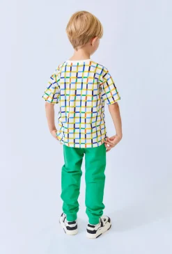 Koszulka chłopięca oversize w kratkę – 100% bawełna, ecru.