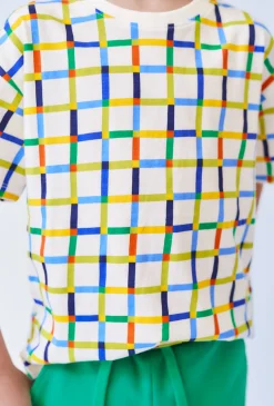Koszulka chłopięca oversize w kratkę – 100% bawełna, ecru.