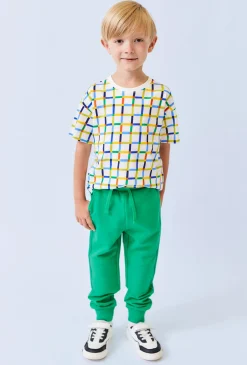 Koszulka chłopięca oversize w kratkę – 100% bawełna, ecru.