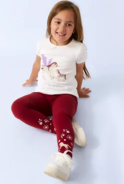Legginsy dziewczęce bordowe z nadrukiem jednorożców