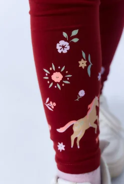 Legginsy dziewczęce bordowe z nadrukiem jednorożców