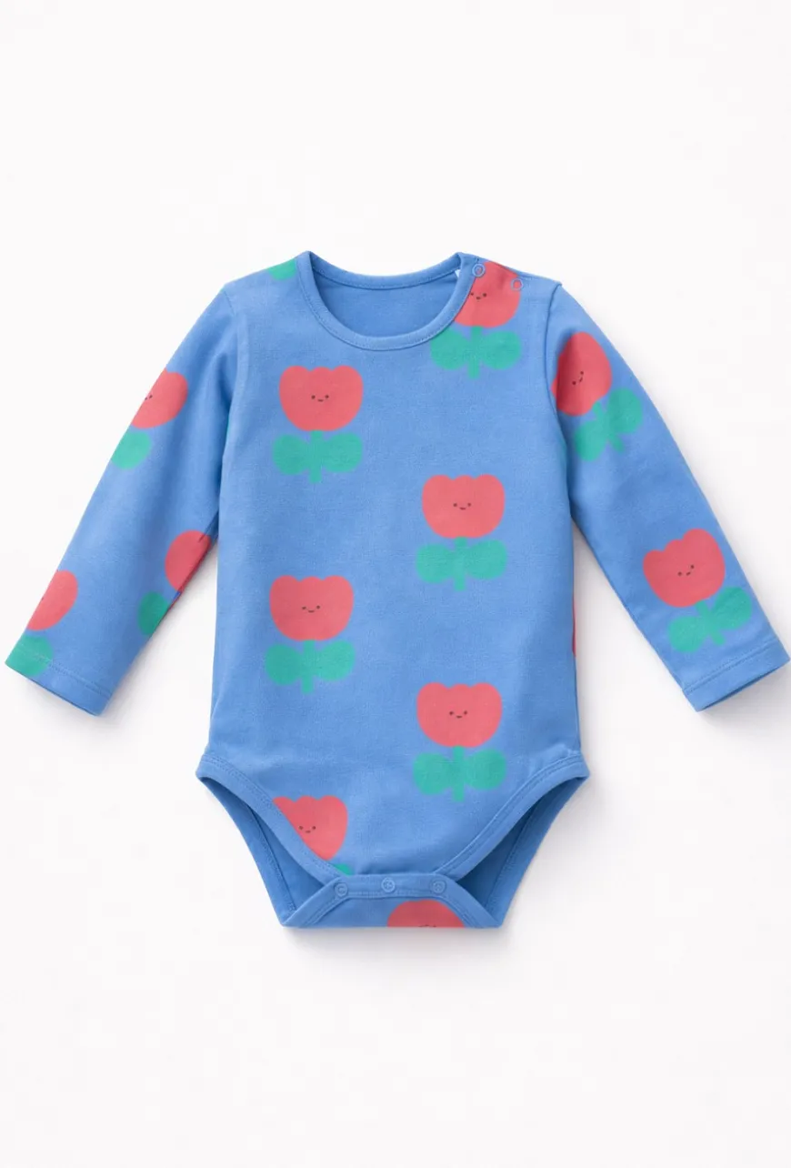Niebieskie body niemowlęce z nadrukiem all over print w kwiatki