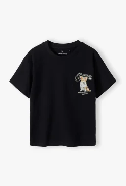 Pudełkowy t-shirt dziewczęcy - granatowy z pieskiem