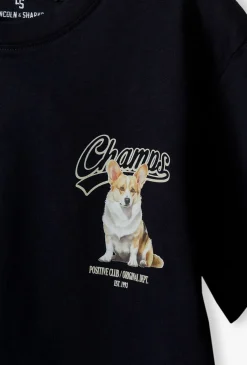 Pudełkowy t-shirt dziewczęcy - granatowy z pieskiem